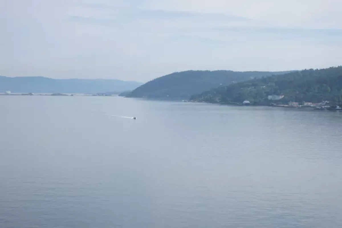 Blick über den Oslofjord auf ruhiges Wasser und bewaldete Ufer
